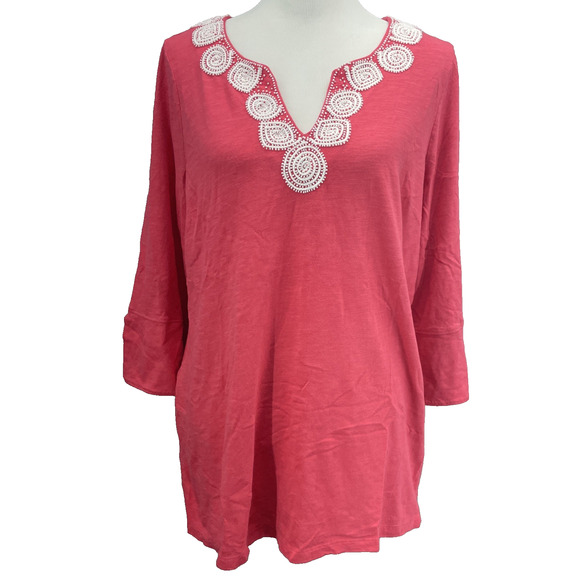 Tommy Bahama Tops - Tommy Bahama Women L Kiera Isle Of Bliss Beaded VNeck Tunic Top Coral Red Resort